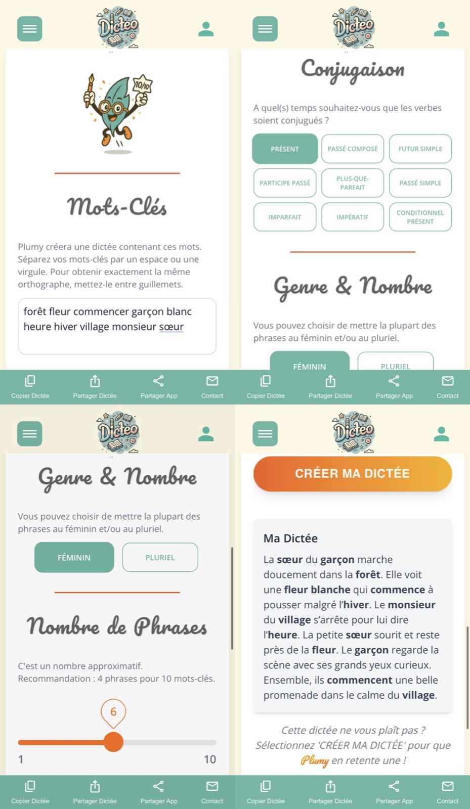 Dictéo on mobile: keyword entry, settings, and the create-dictation button.