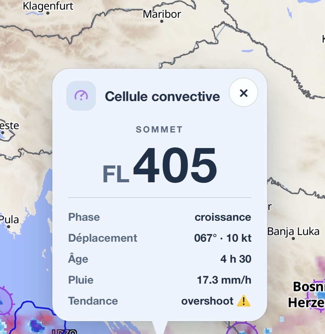 Convective cell panel: top FL 405, growth phase, movement 067° at 10 kt, age 4 h 30, rain 17.3 mm/h, trend overshoot.