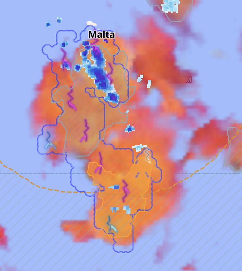 Convective cell over Malta: orange and red core with detected cell outlines.