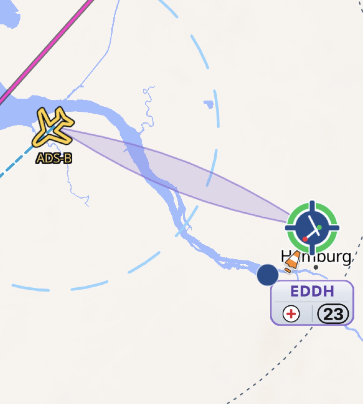 Equal time points between diversion aerodromes drawn on the map.