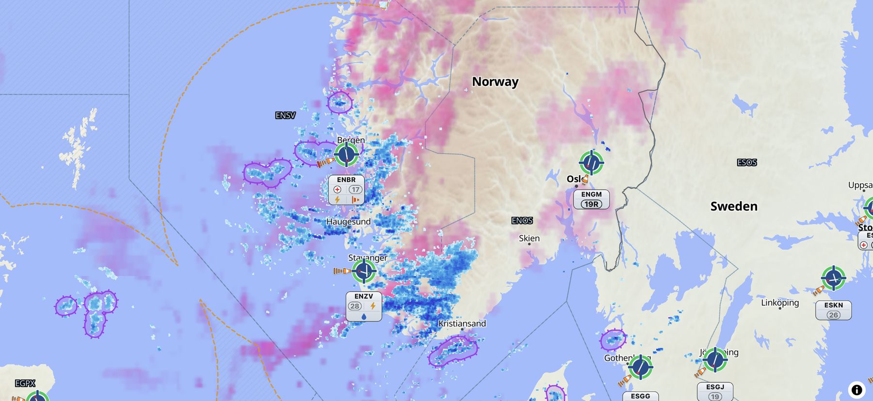 Met2Pilot on an iPad: map centred on the aircraft with weather layers overlaid.