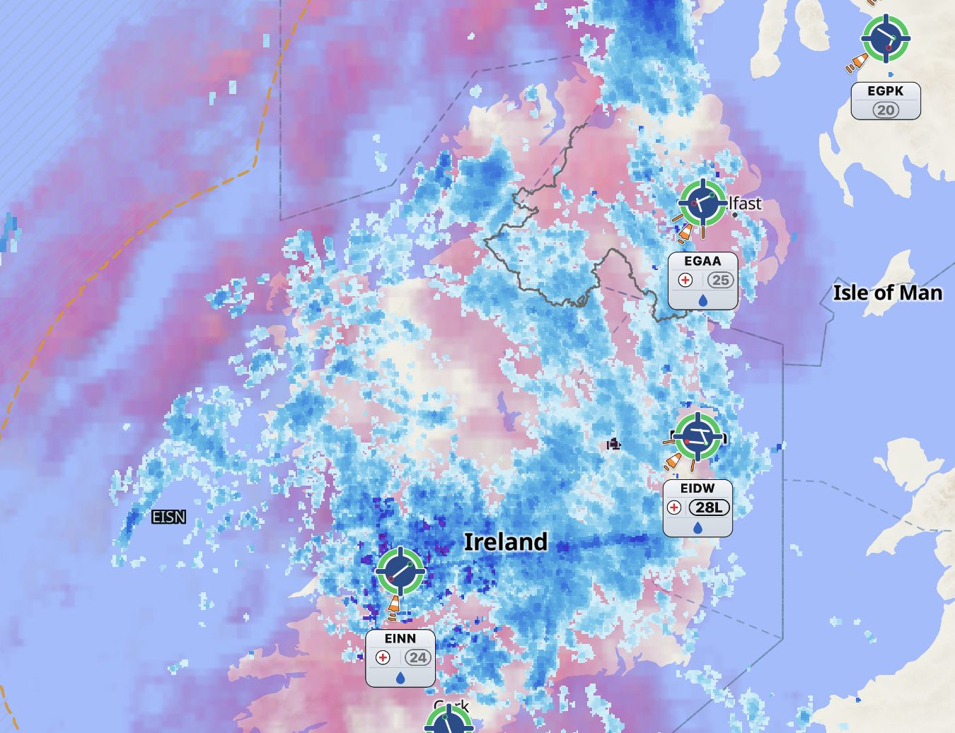 Map in day mode: light background, precipitation in blue and pink.