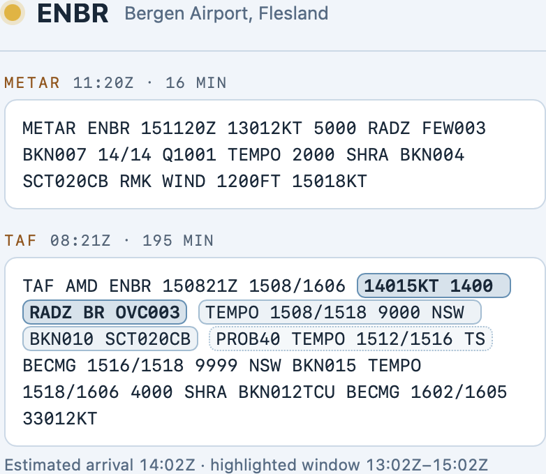 ENBR Bergen panel: decoded METAR, TAF, estimated arrival window highlighted.
