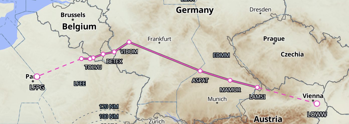 Route drawn on the map with flight levels at the waypoints.