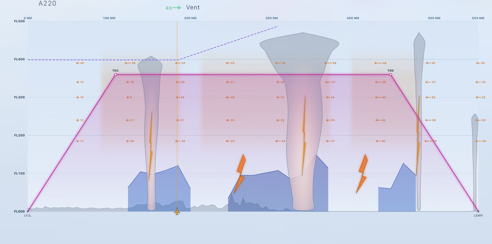 Vertical cross-section along the route: convective cells, precipitation areas, lightning and the flight profile.